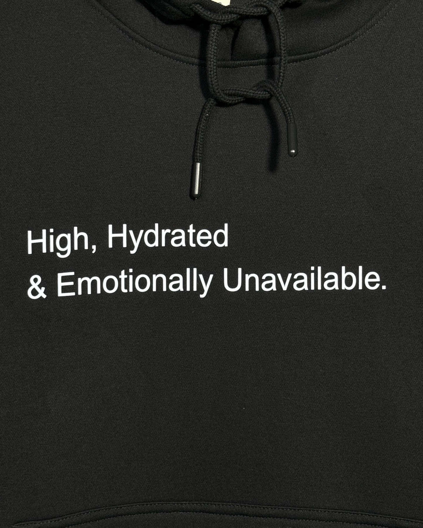 Black heavyweight hoodie with front text 'High, Hydrated & Emotionally Unavailable' – 400 GSM thick premium streetwear hoodie for men and women - Zoomed in.