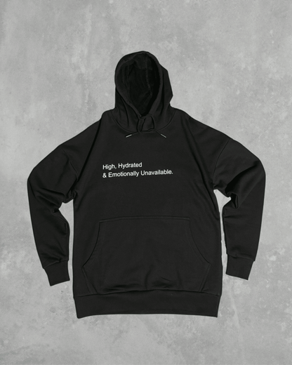 Black heavyweight hoodie with front text 'High, Hydrated & Emotionally Unavailable' – 400 GSM thick premium streetwear hoodie for men and women.