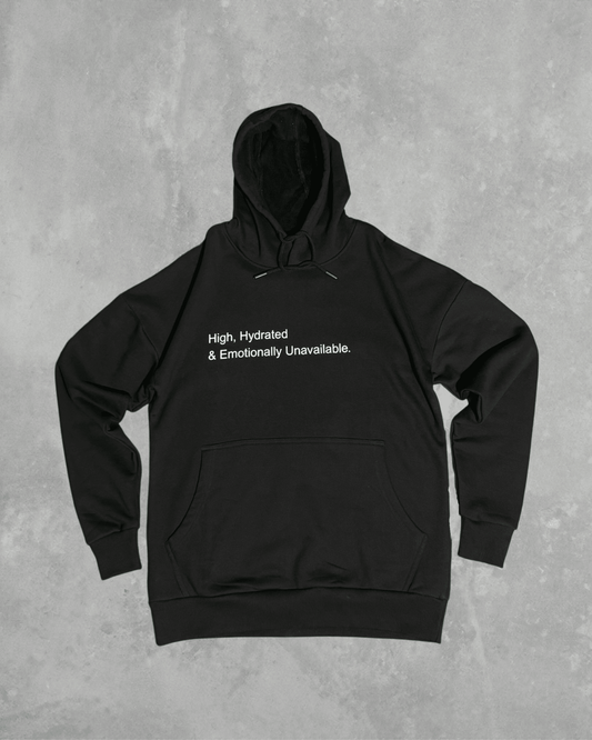 Black heavyweight hoodie with front text 'High, Hydrated & Emotionally Unavailable' – 400 GSM thick premium streetwear hoodie for men and women.