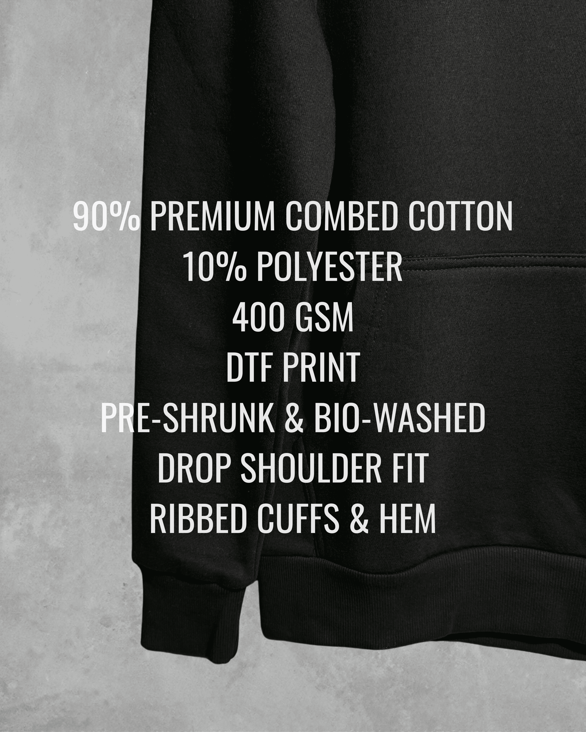Black hoodie with text detailing fabric composition and features on a grey background