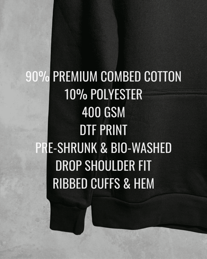 Black hoodie with text detailing fabric composition and features on a grey background