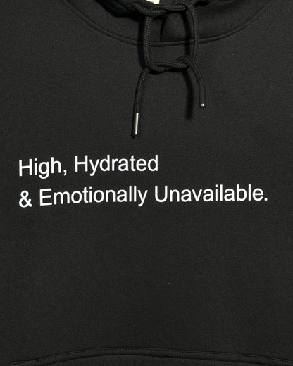 Black heavyweight hoodie with front text 'High, Hydrated & Emotionally Unavailable' – 400 GSM thick premium streetwear hoodie for men and women - Zoomed in.
