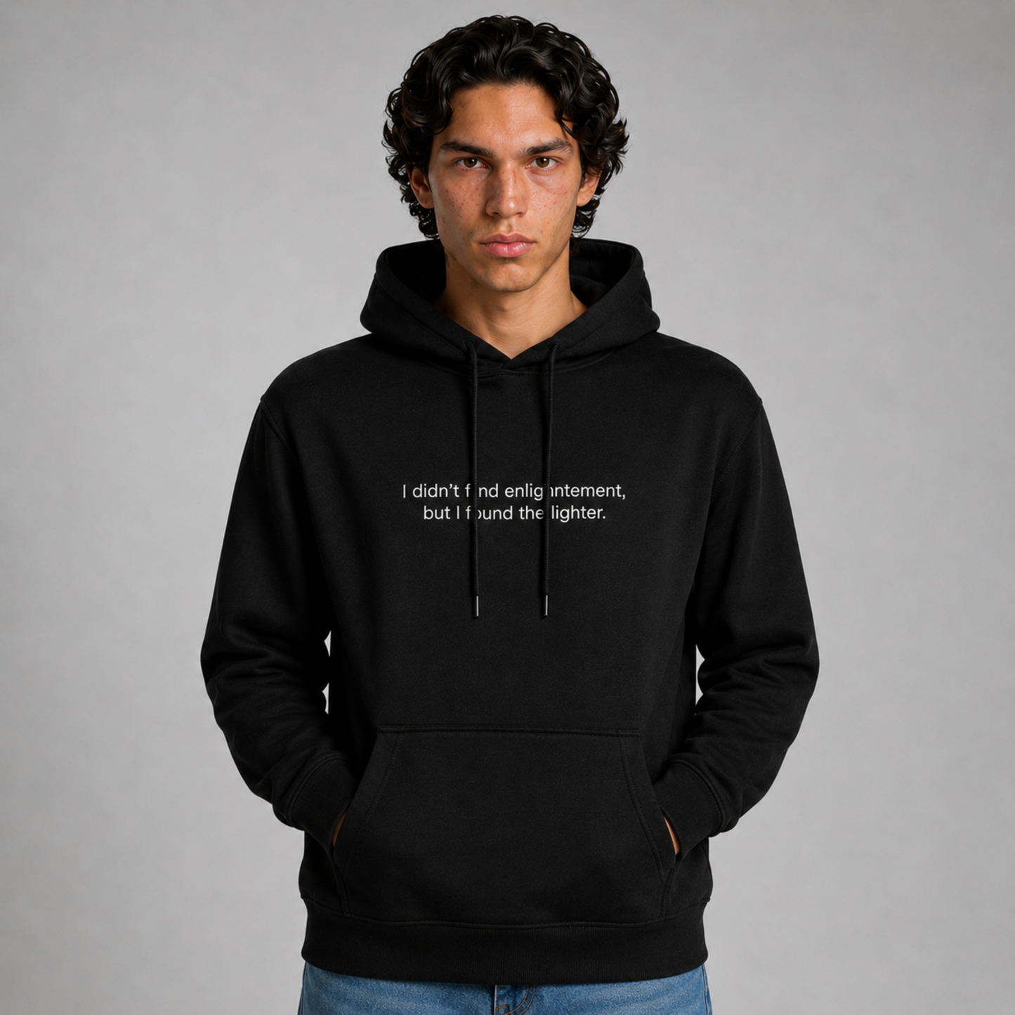A close up shot of a person wearing a black thick hoodie with text 'I didn't find enlightenment, but I found the lighter' with 400 GSM premium streetwear hoodie for men and women and blue jeans on a gray background.